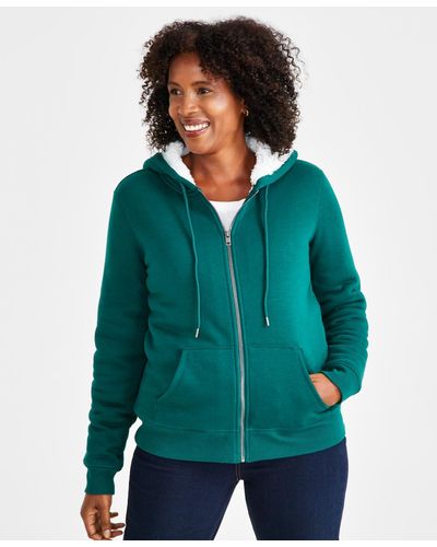 Style & Co. Petite Sherpa Lined Zip Up Hoodie - Green
