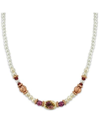 2028 Rose Gold-tone Simulated Pearl Purple Crystal Flower Beaded Necklace 15" Adjustable - Metallic