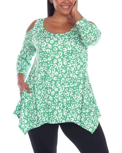 White Mark Plus Size Leopard Cold Shoulder Tunic Top - Green