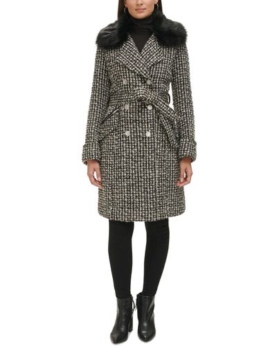 Guess Double-breasted Faux-fur-collar Tweed Coat - Gray
