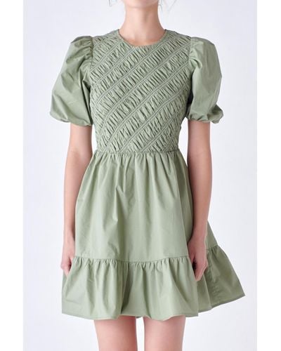 English Factory Asymmetrical Smocked Mini Dress - Green