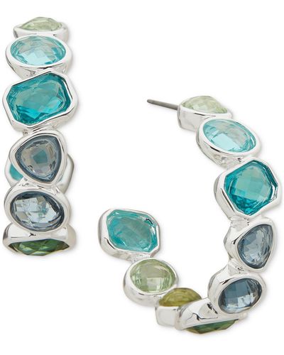 Anne Klein Silver-tone Crystal Bezel Set C Hoop Earrings - Blue