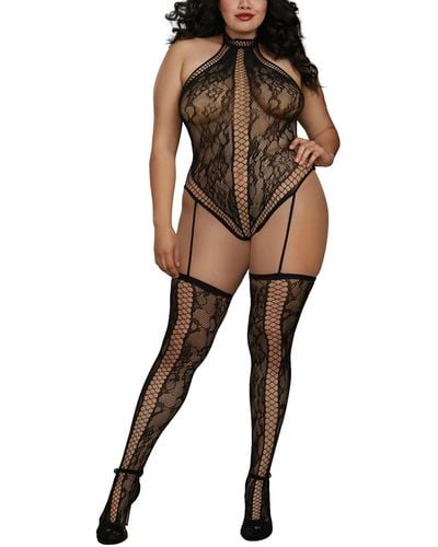 Dreamgirl Plus Size Lace Teddy Body Stocking Lingerie - Black