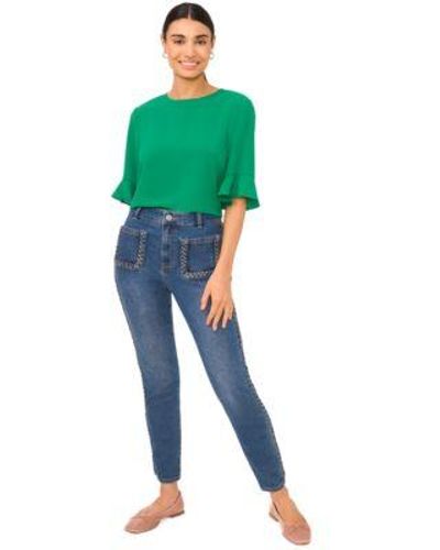 Cece Ruffled Cuff 3 4 Sleeve Crew Neck Blouse Braided Patch Pocket Skinny Jeans - Green