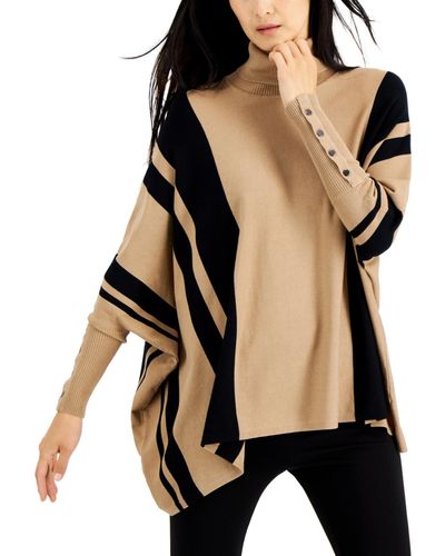 Alfani Striped Turtleneck Poncho Sweater - Black