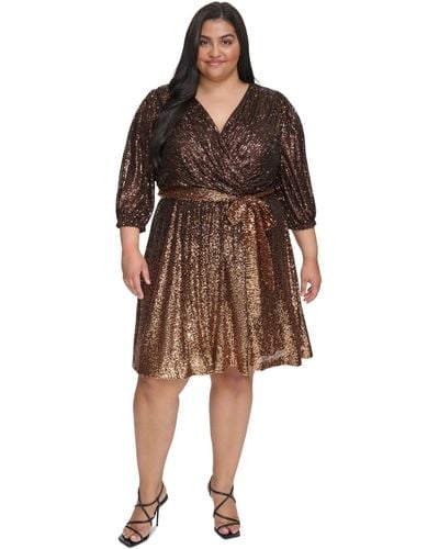 DKNY Plus Size Ombre Sequined Faux-wrap Dress - Brown