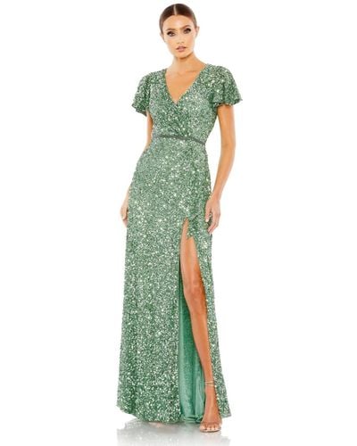 Mac Duggal Sequined Wrap Over Butterfly Sleeve Draped Gown - Green