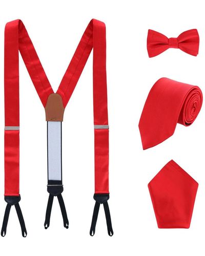 Trafalgar Sutton Solid Color Silk Brace Bow Tie Necktie And Pocket Square Set - Red