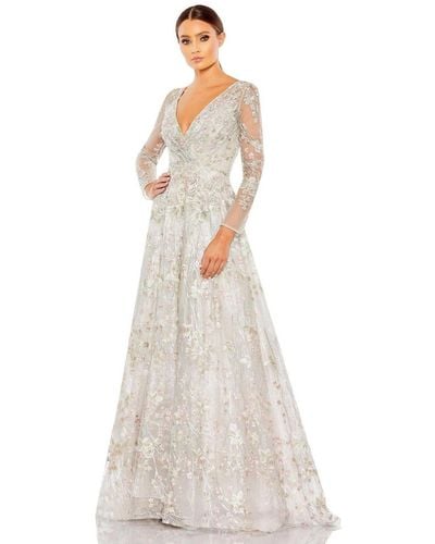 Mac Duggal Embellished Wrap Over Illusion Long Sleeve A Line Gown - White
