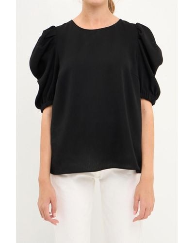 English Factory Pleated Puff Sleeve Top - Black
