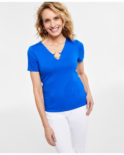 INC International Concepts O-ring Short-sleeve Keyhole Top - Blue