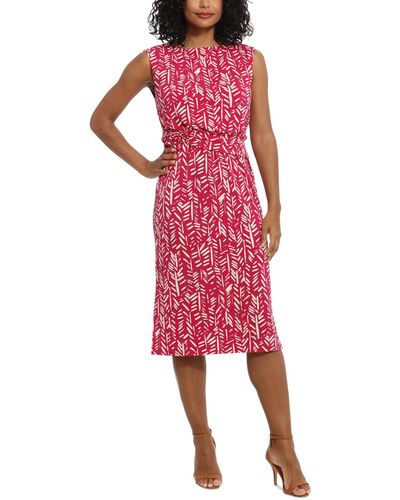 London Times Printed Belted Midi Dress - Red