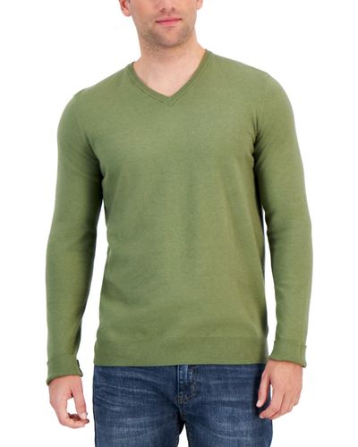 Alfani Solid V-neck Cotton Sweater - Green