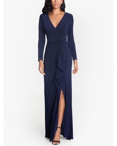 Betsy & Adam Ruffled Side-slit Gown - Blue