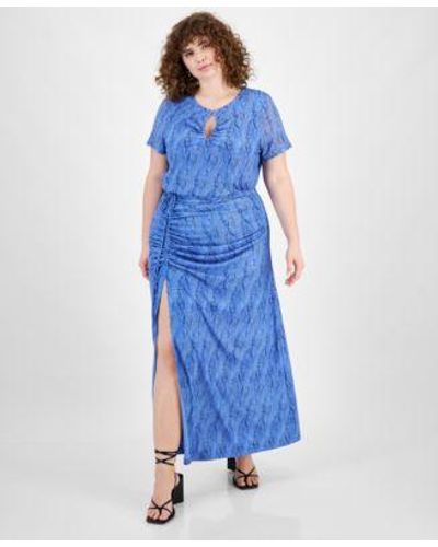 BarIII Plus Size Printed Keyhole Mesh Top Ruched Slit Front Mesh Maxi Skirt Created For Macys - Blue
