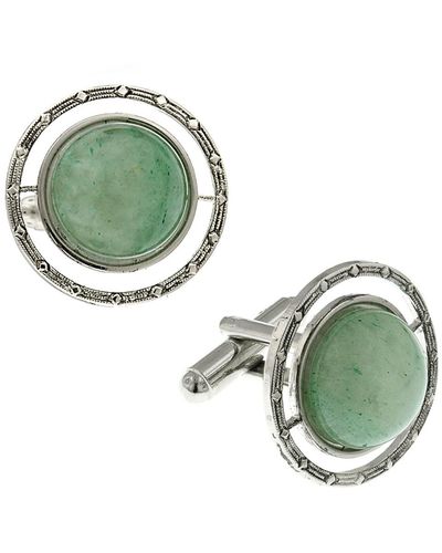 1928 Jewelry Silver-tone Semi-precious Jade Round Cufflinks - Green