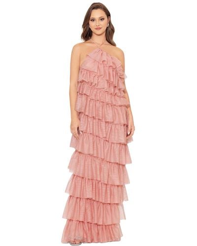 Betsy & Adam Layered Ruffle Halter Gown - Pink