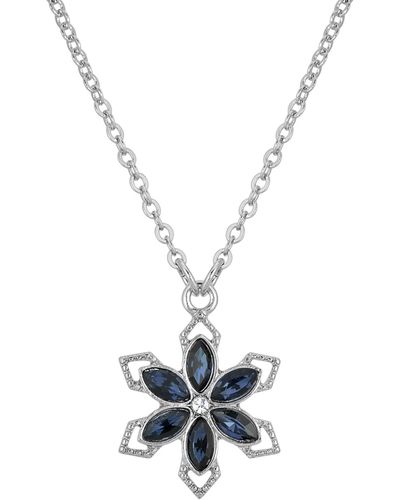 2028 Silver-tone Crystal Sapphire Color Stone Flower 16" Adjustable Necklace - Blue