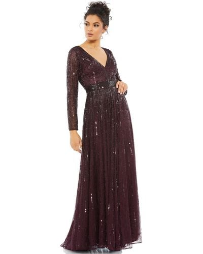 Mac Duggal Sequined V Neck Illusion Sleeve A Line Gown - Purple