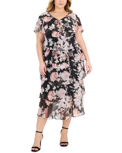 Sl Fashions Plus Size Floral-print Ruffle Midi Dress - Multicolor