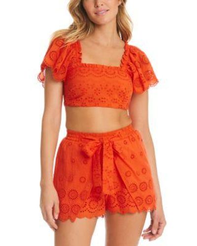 Red Carter Flutter Sleeve Cotton Crop Top Front Tie Shorts - Red