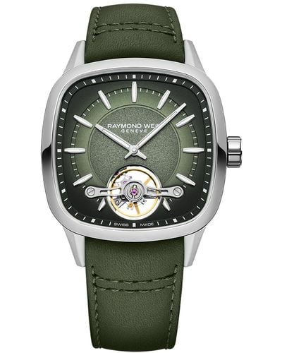 Raymond Weil Swiss Automatic Freelancer Green Leather Strap Watch 40mm - Gray