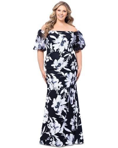 Xscape Plus Size Floral Balloon-sleeve Off-the-shoulder Gown - Blue