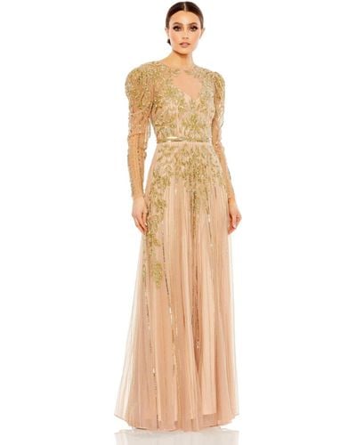 Mac Duggal Beaded Illusion Puff Sleeve Gown - Natural