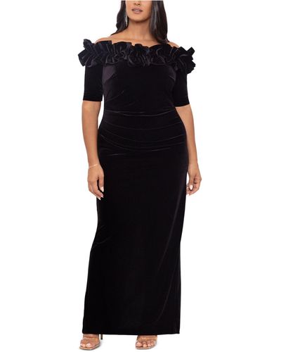 Xscape Plus Size Velvet Ruffled Off-the-shoulder Gown - Black