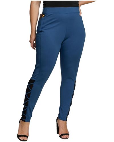 Standards & Practices Plus Size Interlaced Mesh leggings With Side Pockets - Blue