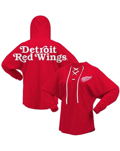 Fanatics Detroit Wings Jersey Lace-up V-neck Long Sleeve Hoodie T-shirt - Red