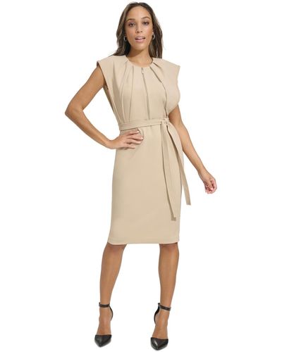 Calvin Klein Cap-sleeve Tie-waist Sheath Dress - Natural