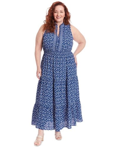 London Times Plus Size Floral-print Ruffle-collar Maxi Dress - Blue
