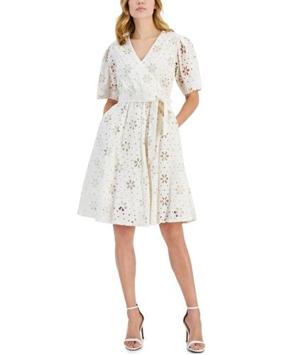 Tahari Floral Embroidered Eyelet Fit & Flare Dress - Natural