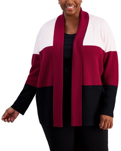Karen Scott Plus Size Colorblocked Open-front Cardigan - Red
