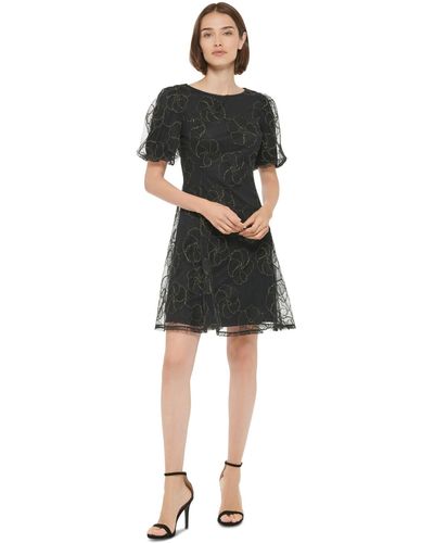 DKNY Floral-embellished Puff-sleeve Dress - Black