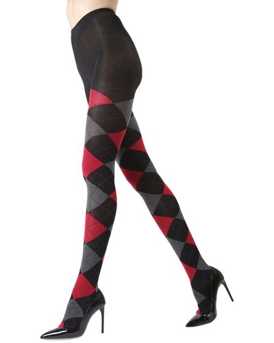 Memoi Textured Argyle Patterned Sweater Tights - Black