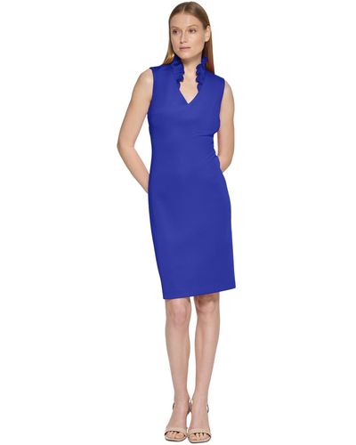 Calvin Klein V-neck Scuba-crepe Sheath Dress - Blue