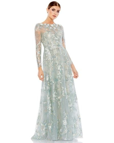 Mac Duggal Floral Embroidered Illusion Long Sleeve Gown - Multicolor
