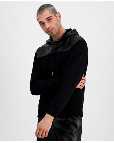 INC International Concepts Regular-fit Faux-leather Pieced Hooded Sweatshirt - Black