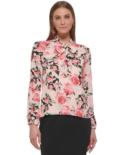 DKNY Petite Floral-print Tie-neck Blouse - Red