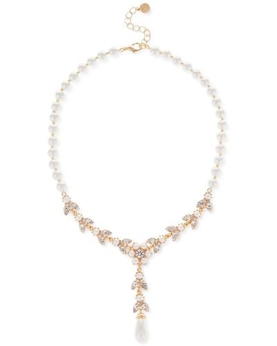 Charter Club Gold-tone Crystal & Imitation Pearl Flower Lariat Necklace - White