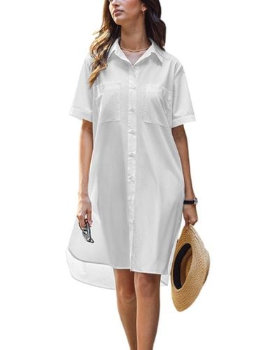 CUPSHE Short Sleeve Patch Pocket Midi Shirt Beach Dress - White