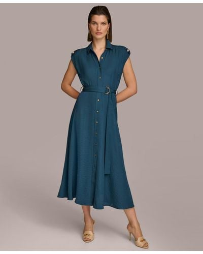 Donna Karan Button-front Tie-waist Dress - Blue
