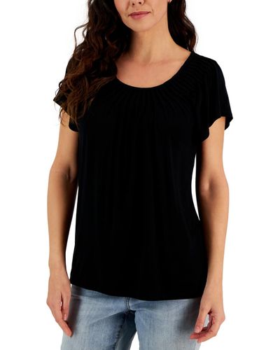 Style & Co. Pleated-neck Short-sleeve Top - Black