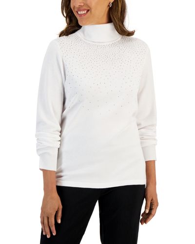 Karen Scott Embellished Turtleneck Sweater - White