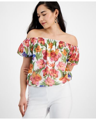 INC International Concepts Petite Floral Print Puff-sleeve Top - Red