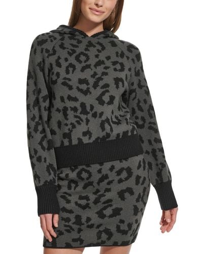 DKNY Hooded Animal-print Pullover Sweater - Black
