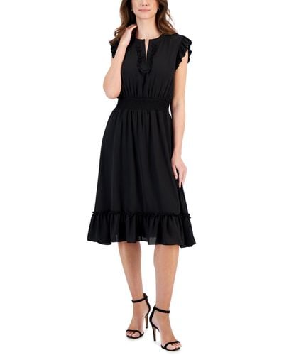 Tahari Ruffled-trim Smocked-waist Midi Dress - Black