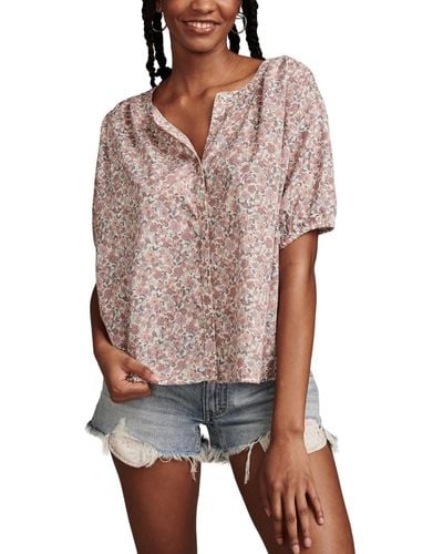 Lucky Brand Printed Cotton Smocked-trim Blouse - Multicolor